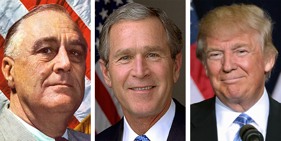 Franklin D. Roosevelt, George W. Bush, Donald Trump (Donald Trump by Gage Skidmore, © Gage Skidmore, Foto lizenziert unter CC-BY-SA 3.0 über Wikimedia Commons; die anderen beiden Fotos sind gemeinfrei)
